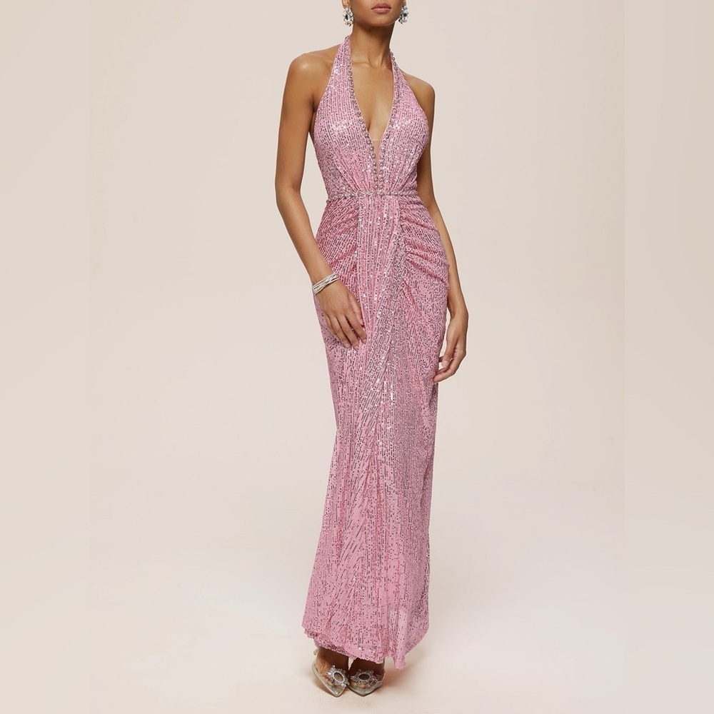 Pink Sequin Rhinestone Halter Sleeveless Sheath Maxi Dress - Picture 1 of 4